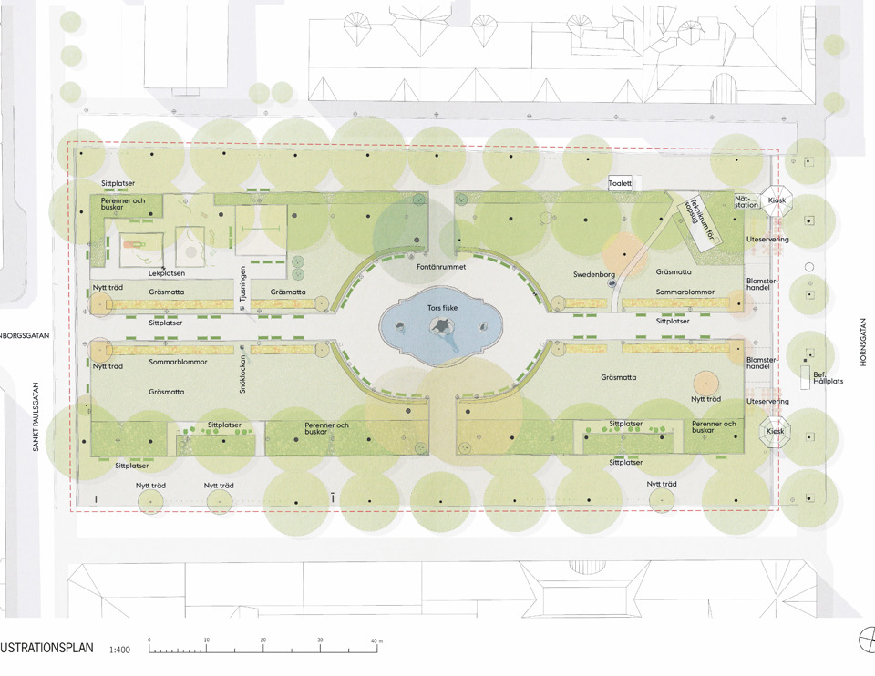 En plan över hur parken ska upprustas sett uppifrån. Illustration